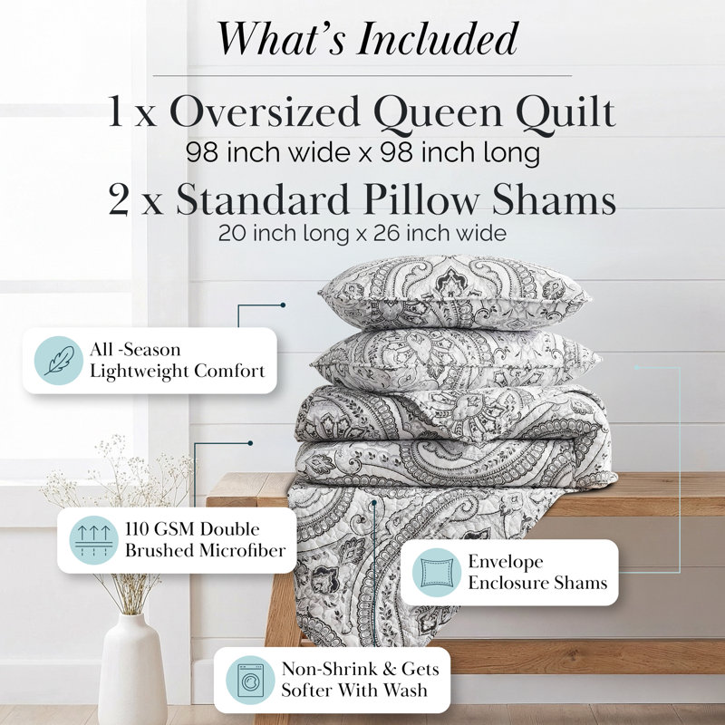 Pure Melody Oversized Light-weight Paisley Quilt Set with matching shams, Full/Queen Quilt + 2 Standard Shams, Black