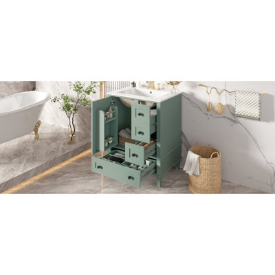 24" Bathroom Vanity Featuring A Cabinet, Ceramic Sink, And Soft - Close Drawers With Adjustable Shelving 24 Inch Integrated Hidden Dividers, Hardware