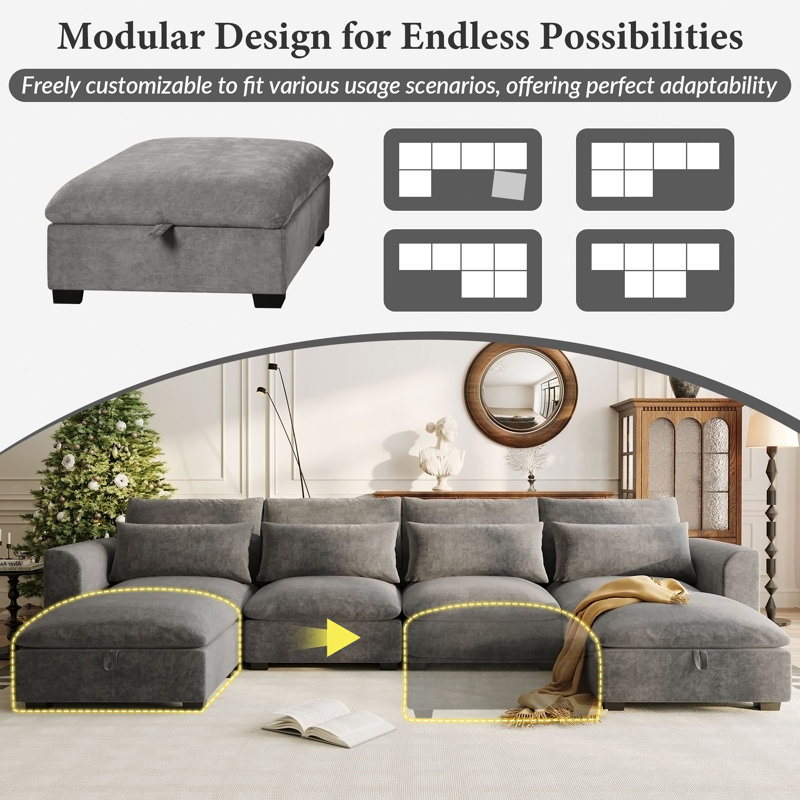U_Style U-shaped Freely Transformable Modular Corner Sofa with Two Ottomans, Gray Linen Blend