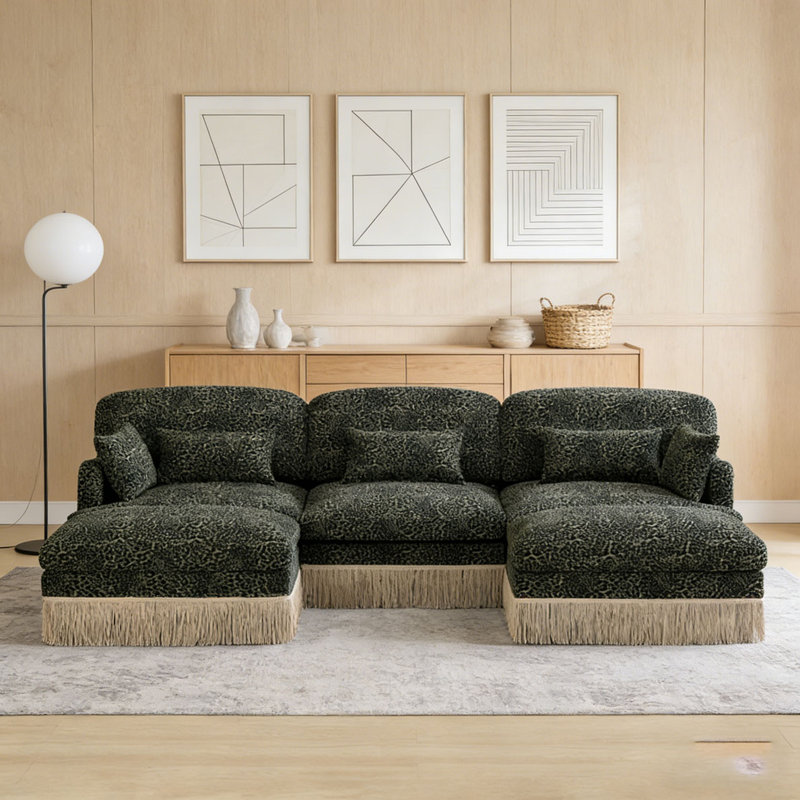 Comfy Chenille Leopard Printing Sofa,Delicate Tassel Edge,Movable Ottomans,Modern Fashion Style, Green+3seat+2Ottomans