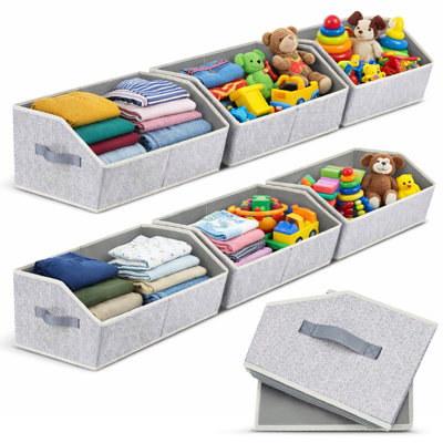  6 Pack Light Gray Trapezoid Shelf Organizer Bins with Handles for Closet Storage