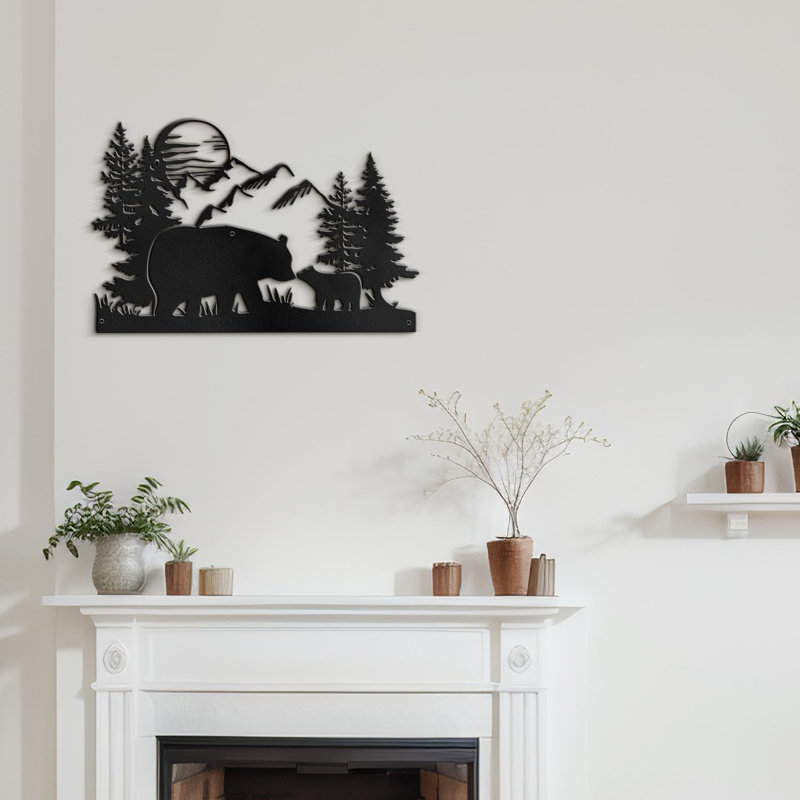 Bears in Forest Animal Mountains, décoration murale abstraite moderne en métal noir, Noir, H 24 po x l 36 po x P 0,05 po