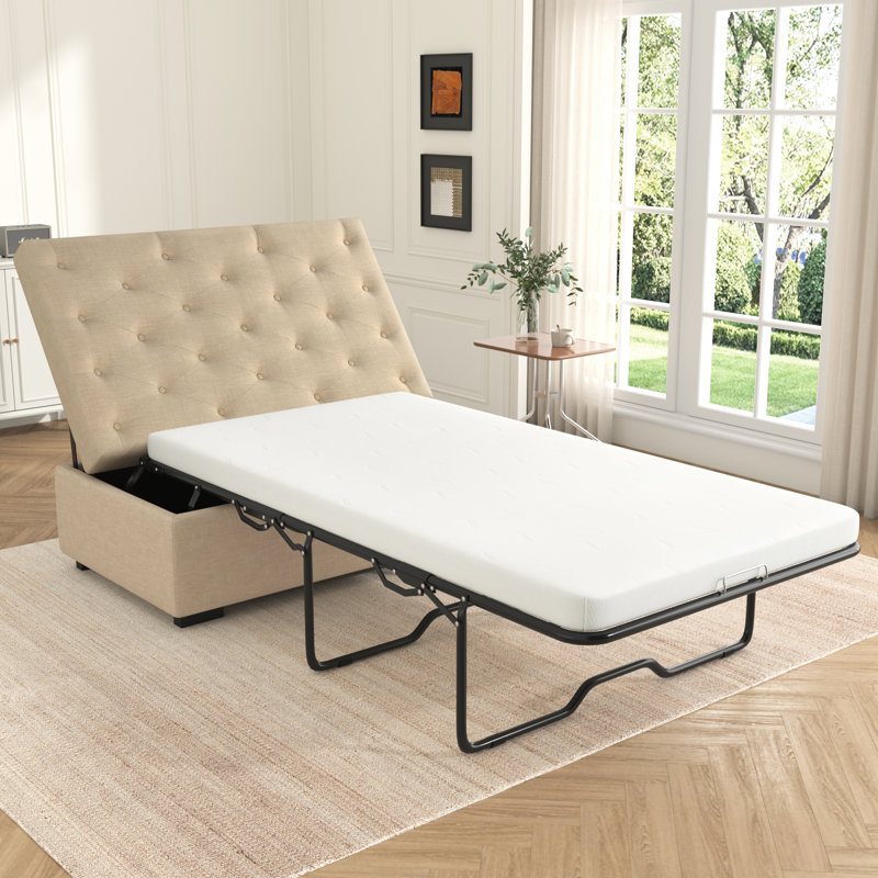 Repose-pieds pliant avec matelas en mousse à mémoire de forme et capitonnage, Beige
