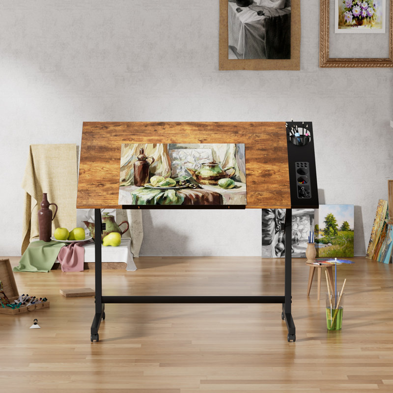 Drafting Table Tilting Top Desk with Slide Rolling Wheels Wood Drawing Table Craft Work Station with Built-In Pencil Groove and Pencil Ledge, Angle Adjustable Work Surface