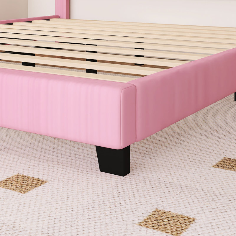 Lit princesse rembourré en bois avec tête de lit, Lit double, Rose