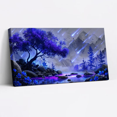 Arbre mauve et paysage de montagne, reproduction d'art sur toile tendue sur toile, ensemble de 1