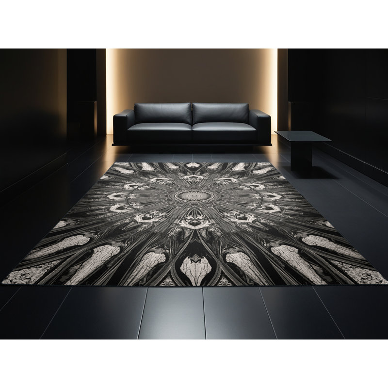 Tapis en marbre orné de pierres noires lavables à la machine Botkins, 4 x 6
