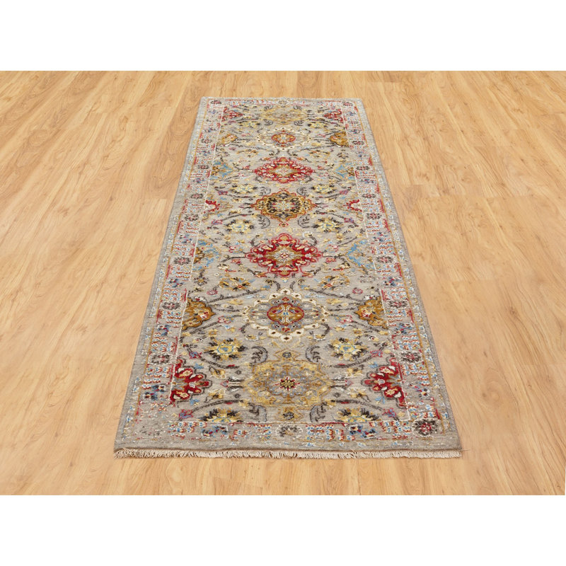 Tapis de couloir beige/rouge à noué à la main New Age de conception unique 2 pi 9 po x 7 pi 10 po Tapis décoratif