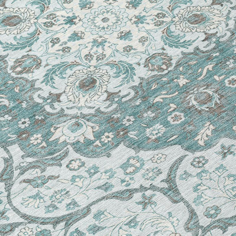 Machine Washable Indoor/Outdoor Claudian ACN1677 Teal Rug, Round 8'