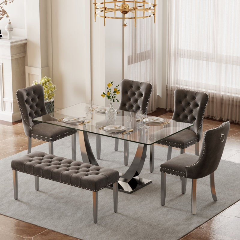 Ensemble de salle à manger rectangulaire avec banc, table de cuisine moderne de style Mid-Century et chaises capitonnées et banc de salle à manger de style luxueux Glass