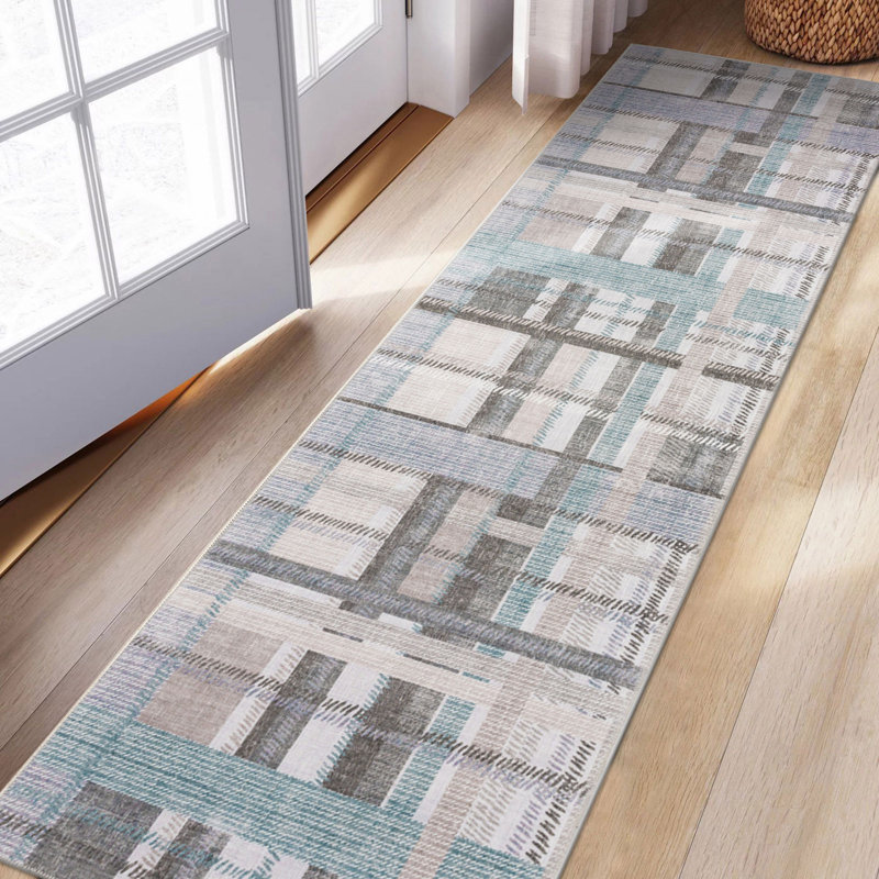 Tapis à motif de treillis moderne NELE bleu / gris multicolore lavable à la machine, Tapis de couloir 2 pi 6 po x 9 pi