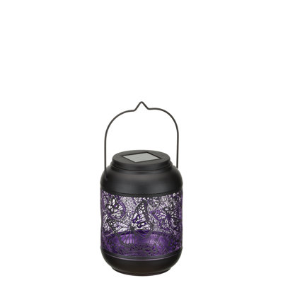 9" Inch Metal Solar Powered Outdoor Shadow Lantern with Decorative Cutout Patterns and Hanging Handle
