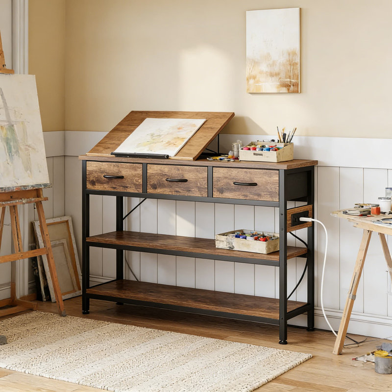 Entryway Console Table With Charging Station, 3 Fabric Drawers, And Adjustable Height - Multi-Functional Sofa Table For Living Room, Hallway, Or Foyer