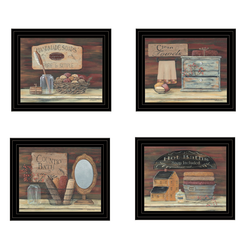 «Bathroom I» par Pam Britton - Ensemble de 4 reproductions d'art sur papier, Encadré noir / blanc