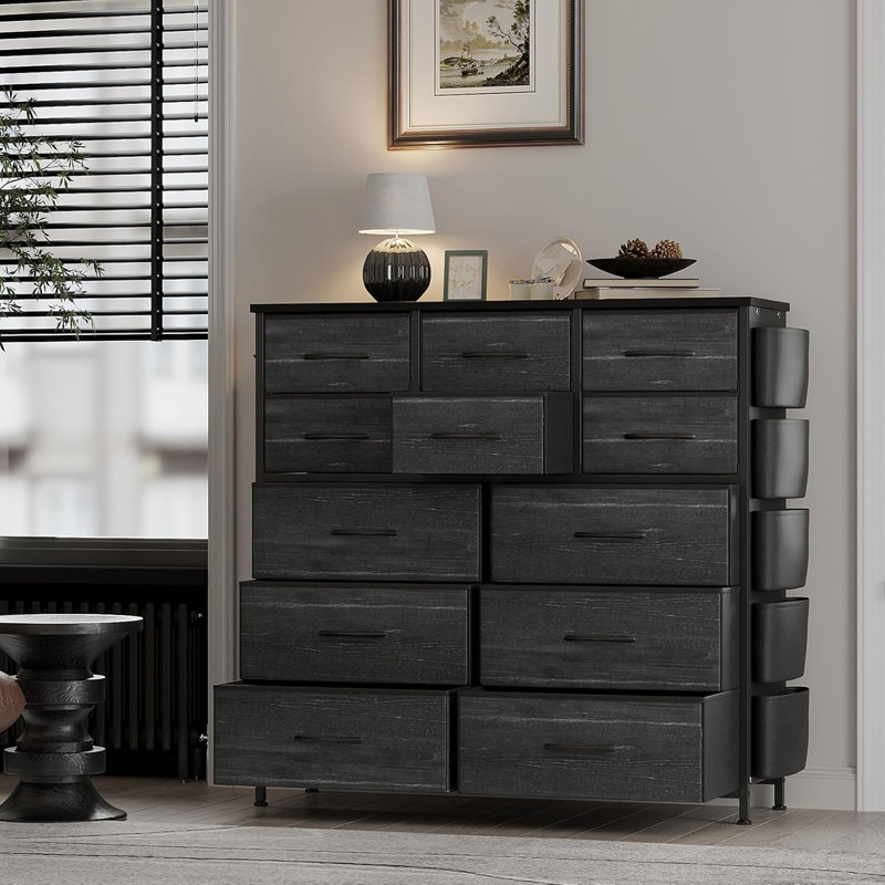 12-Drawer Fabric Dresser with Side Pockets, Hooks, Steel Frame & Wood Top Chest, Black