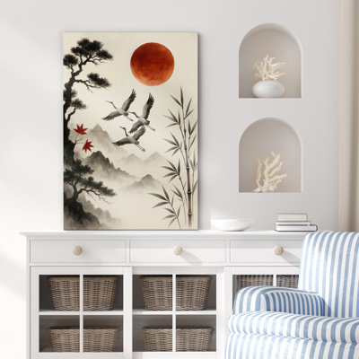«Cranes with Red Moon Pine and Bamboo Landscape Art», reproduction d'art sur toile encadrée