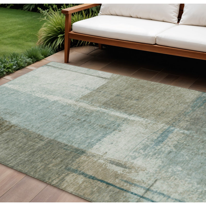 Tapis extérieur lavable abstrait turquoise et beige 9 pi x 12 pi