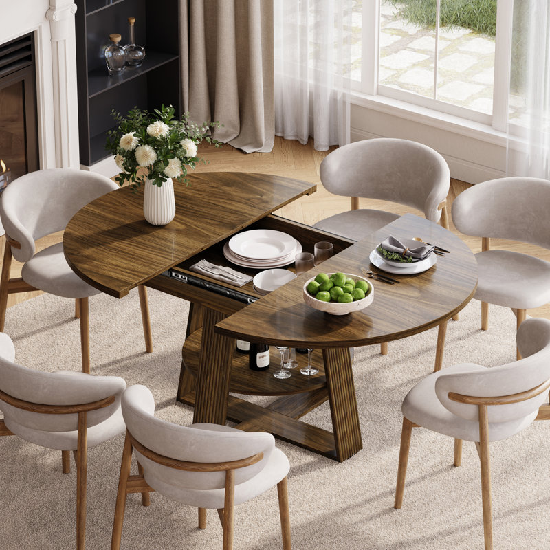 59" Extendable Round Dining Table for 4 to 6 with Storage Shelf, Farmhouse Fluted Kitchen Table, Walnut