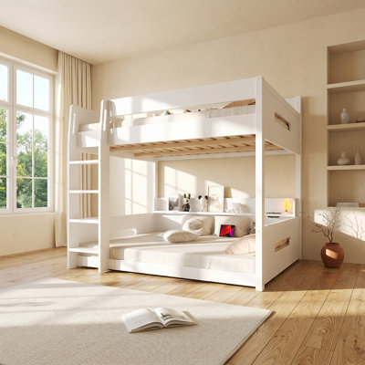 Grand lit superposé en bois de pin avec ports USB et tablettes USB l 65,1 po x P 82,2 po x H 65,9 po Harlan