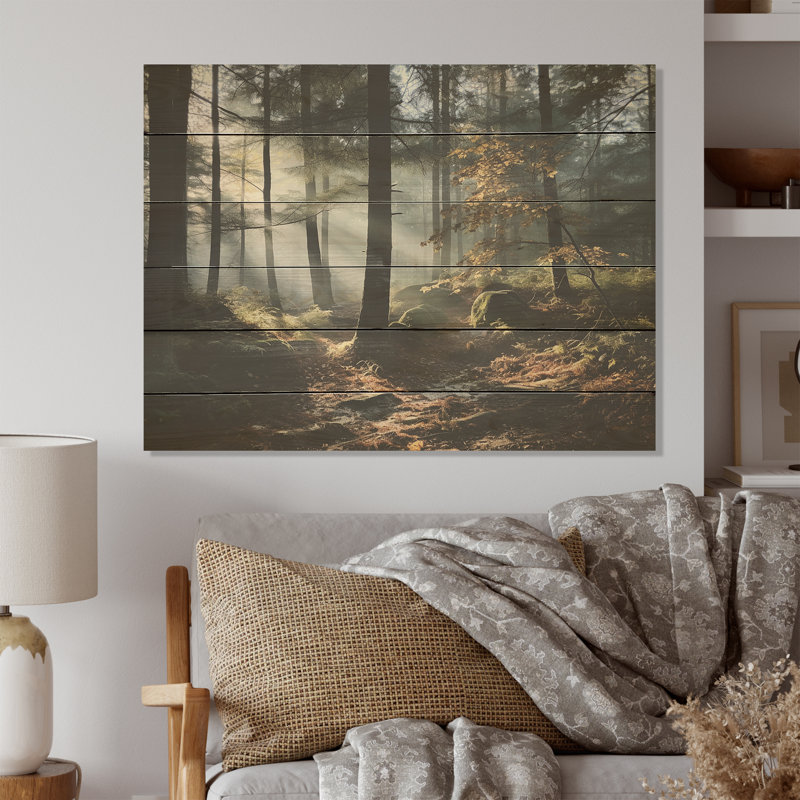 Pine Forest Autumn Scenery - Forest Wood Wall Art On Natural Pine Wood, 10" H x 20" W