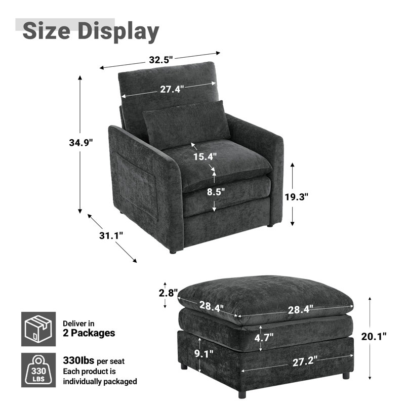 32.5''W Modern Upholstered Accent Chair With Ottoman, Dark Gray