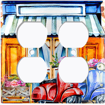 Coffee Shop Bakery Cafe Front Moped Couple Flowers Patterned 2 - Gang Duplex Outlet Standard Wall Plate