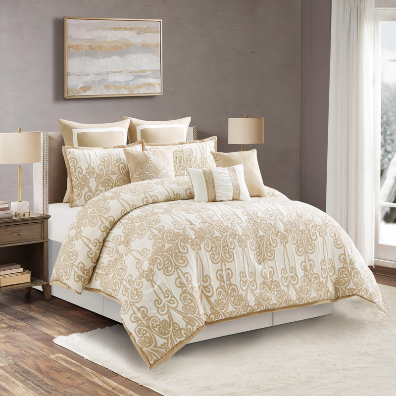 Dilona Traditional Scrolls Comforter Set, King Comforter + 8 Additional Pieces, Beige