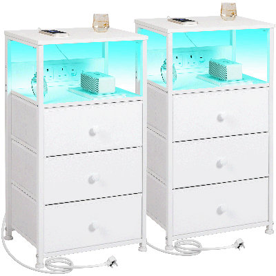 Night Stand Set 2, Led Nightstand With Charging Station, End Tables With Storage Shelf, Bed Side Table With 3 Fabric Drawers For Bedroom, Small Spaces