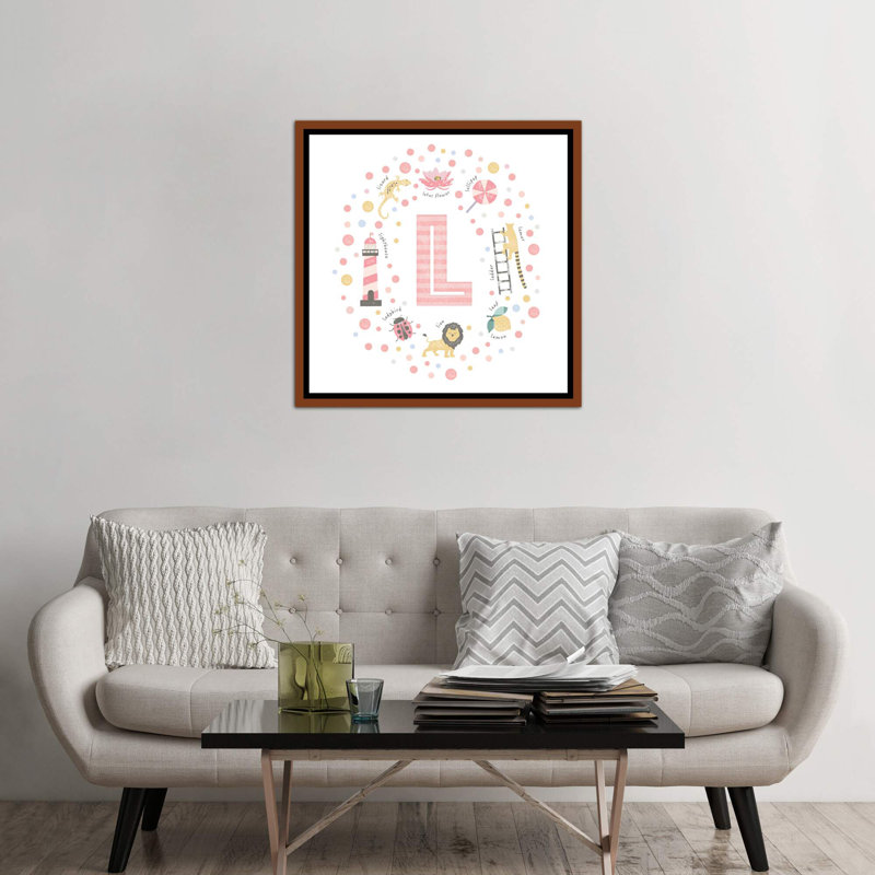 Lettre illustrée L rose - impression, Toile avec cadre brun, Aucun mat, H 37 po x l 37 po x P 1,5 po