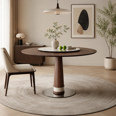 47 Inch Solid Wood Dining Table with 23 Inch Tempered Glass Lazy Susan, Stainless Steel Base Round Kitchen Table Retro Fashion Home Restaurant Office Table