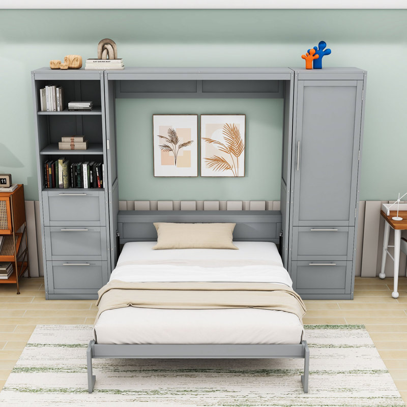 Murphy Bed with Closet, Drawers and Shelves, Gray