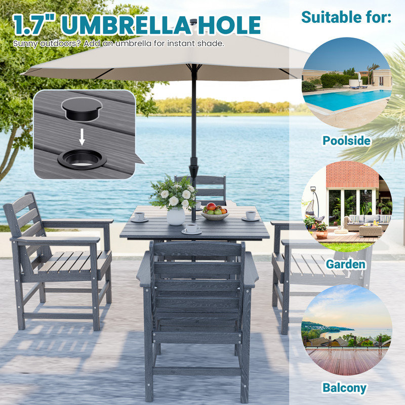 Condition photo showing New/Like New for Ebern Designs Gray 5-Piece HDPE Plastic Patio Outdoor Dining Set with Arm Chairs