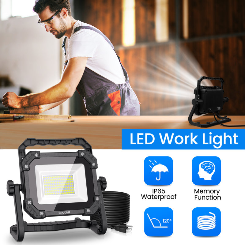 80W 120v Portable LED Work Light with Stand 10000 Lumen, Adjustable Flood Light with 3 Brightness Modes for Garage & Workshop