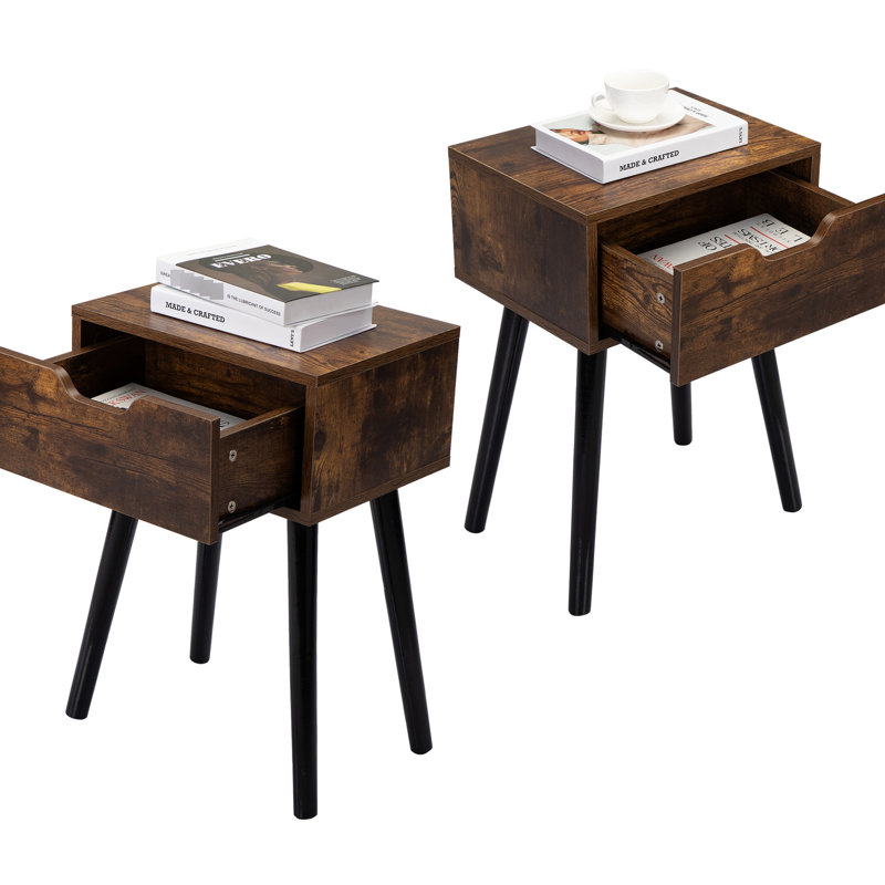 2 tables d'appoint de style Mid-Century rustique, brun et noir, avec tiroir pour meuble de chambre à coucher, table de 2 et tiroir de décoration, dispositif de rangement