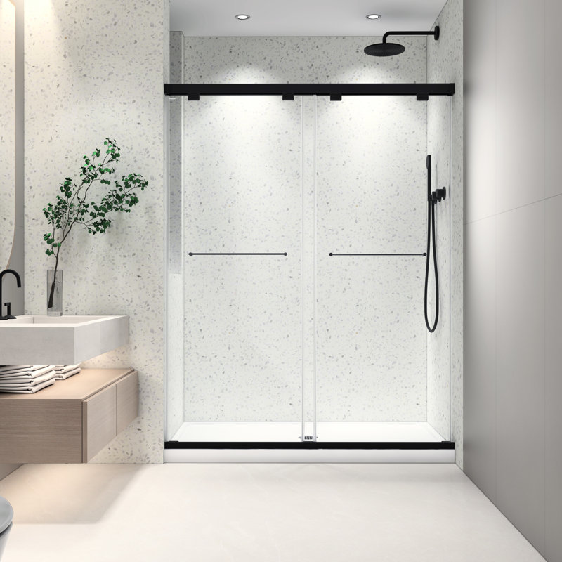 Porte de douche noire matte 6076 pouces - double coulissement, verre trempé de 8 mm, nettoyage facile, réglable, revêtement de protection antidérapant