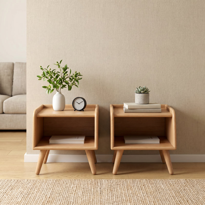 15.75"W Low & Narrow Solid Wood Beech Nighstand With Open Shelf-Set of 2, Oak