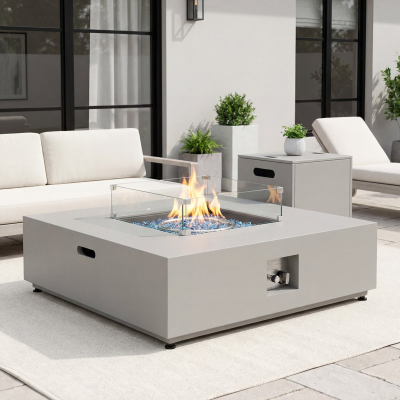 40'' Square Propane Fire Pit Table with Lid, Hidden Tank Side Table, Wind Guard & Cover, 50,000 BTU, Light Gray