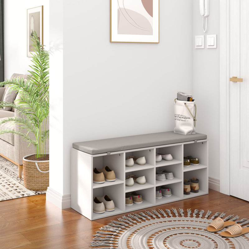Modern 10 Pair Shoe Storage Cabinet, Shoe Bench with Cushion, Entryway Shoe Rack, White