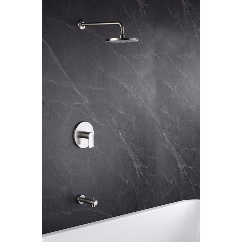 Wedge Collection Shower System: 8" Round Shower Head, Single Handle Set, Tub Spout, & Rough-in Valve Included - Brushed Nickel