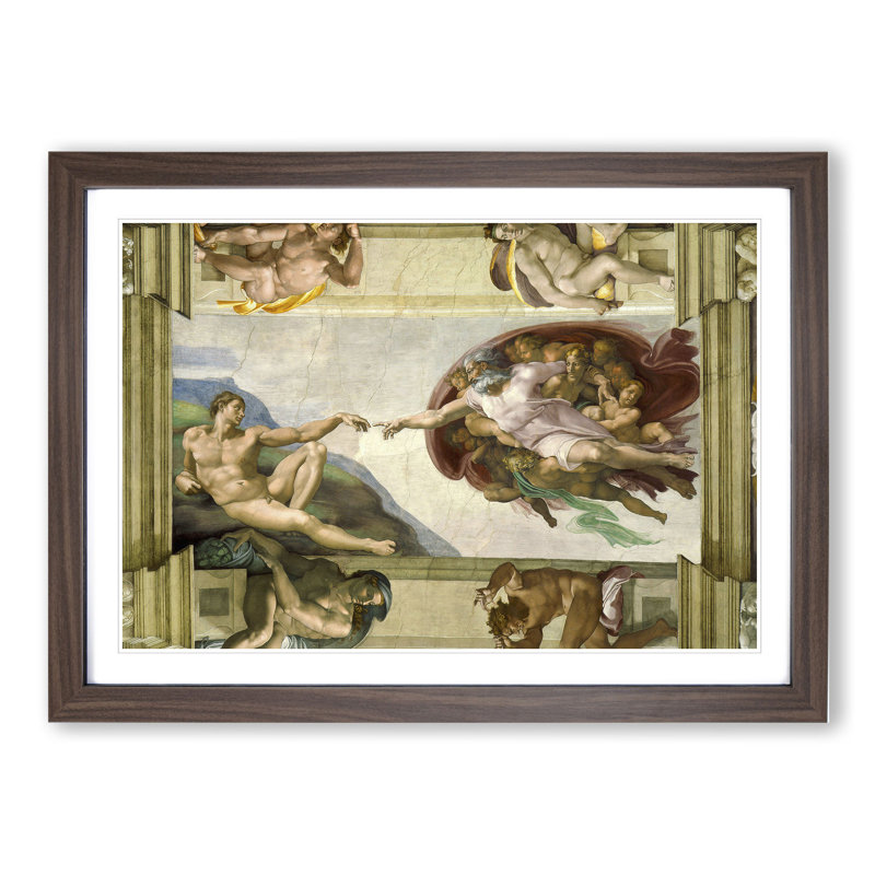The Creation of Adam by Michelangelo - Picture Frame Painting on MDF, 36cm H x 48cm W x 2cm D, Walnut Framed