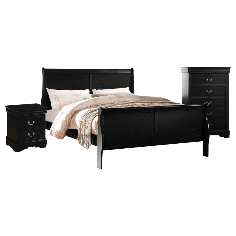 Ensemble de chambre à coucher Engstrom, Noir, Très grand, 3 pièces : 2 table de chevet, 1 lit