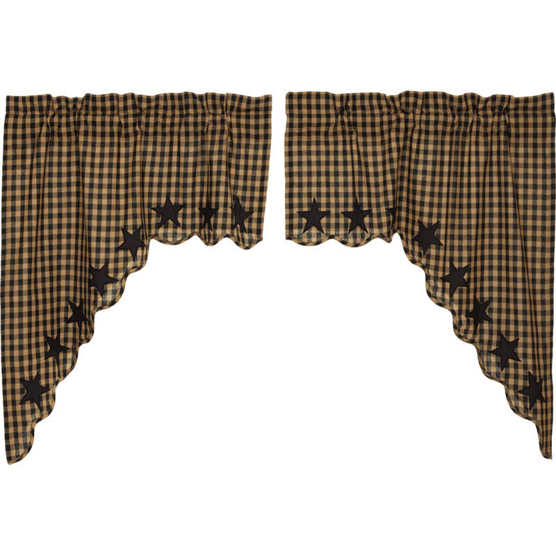 Navy Star Checkered Cotton 72'' W Window Valance, Black