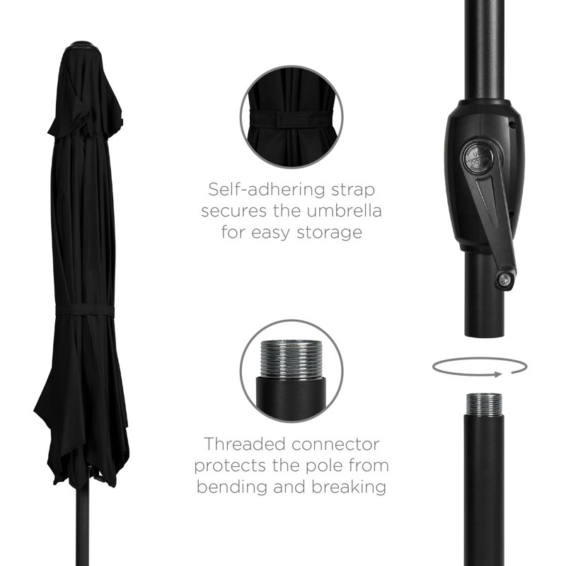 Parasol de marché extérieur robuste de 7,5 pi avec bouton-poussoir inclinable et manivelle en keven, Noir