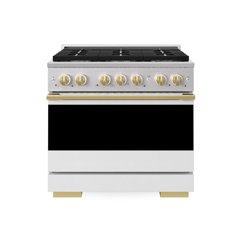 ZLINE Autograph Edition 36 in. Marino Gas Range w/ 6 Gas Burners & Matte Black Accents, White Matte/Polished Gold