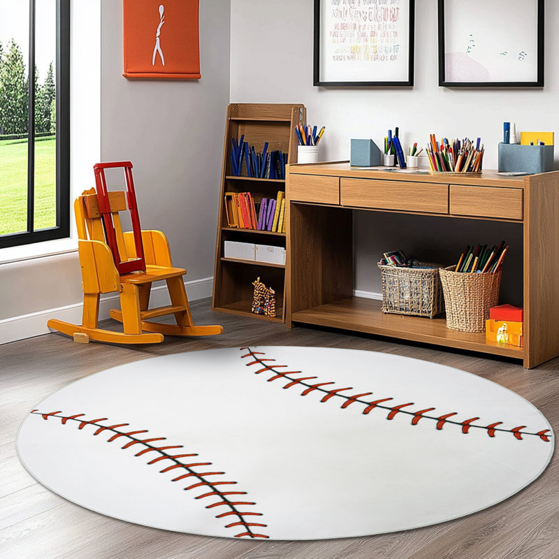 Round 47inch Children's Area Rug,Baseball Pattern, Faux Cashmere Non-Slip Carpet, Suitable for Living Room, Bedroom, Children's Room, Home Decor
