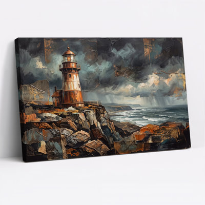 Tableau sur toile texturé représentant un phare rouillé sur une falaise rocheuse, idéal pour l'Halloween