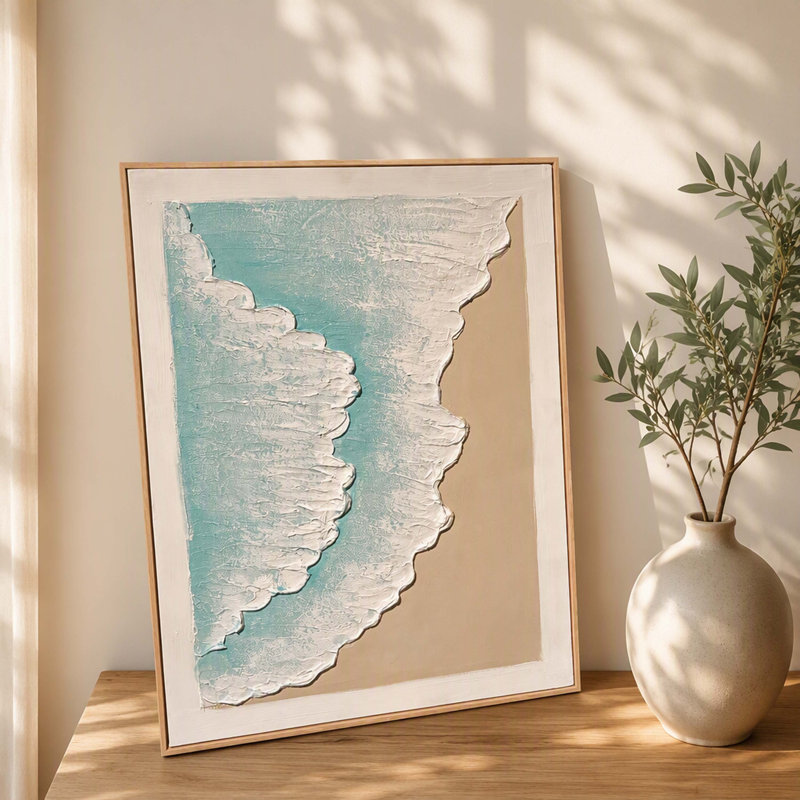 Ensemble de 2 peintures murales encadrées, "Coastal Ocean Wave", empâtement de plage texturé 3D avec cadre en bois