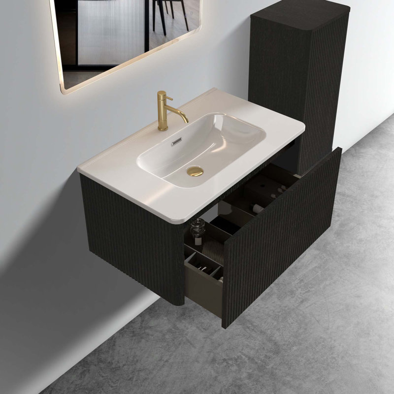 Meuble-lavabo mural rayé en noyer rayé avec lavabo en céramique, pré-assemblé, Blanc / noir