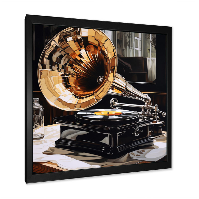 Gold Black Phonograph Reflections - Music Wall Art Living Room, Cadre simple noir, H 36 po x l 36 po x P 1,5 po
