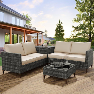Ensemble de meubles de patio en rotin toutes saisons, canapé modulaire d'extérieur 4 pièces avec table basse de rangement, ensemble de conversation en forme de L pour jardin, cour, bord de piscine, porche